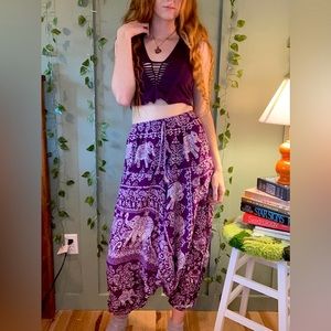 Purple Elephant Print Harem Pants Hippie Boho with Pockets Elastic Waistband